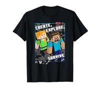 Minecraft Steve and Alex Create Explore Survive Box Up T-Shirt, Men, Black, Large