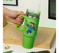 Paladone Minecraft Steve & Creeper 30 oz Green Insulated Cup and Straw, Officially Licensed Quencher Travel Cup with Handle for Iced Tea or Coffee, Gaming Merchandise