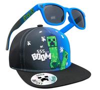 Minecraft Sunglasses Baseball Cap Set Creeper Adjustable Boys Hat 100% UV Kids Sunglasses Holiday Accessories Gamer Gifts (6-14 Years, Black/Blue)