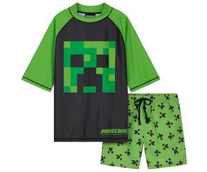 Minecraft Swimsuit Set Boys 2 Piece Creeper Swimming Costume Boys Swimming Shorts Rash Vest Pool Beach Holiday Essentials (11-12 Years, Green/Black)