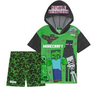 Minecraft Top and Shorts Boys Towelling 2 Pcs Set Teens Creeper Absorbent Terry Cloth Gamer Summer Outfit Beach Pool Holiday (Black/Green, 7-8 Years)