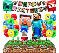 Miner Gamer Birthday Decorations,Kids' Party Decorations,Balloons Banner,Cake Toppers,Miner Party Table Cake Decoration for Boys Girls Kids