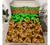 Miner Style Square Grid Bed Deep Pockets King,Brown Green Army Camo Fitted Sheet for Kids Teens Adults Bedroom Decor,Cartoon Gamepad Pixelated Games Bed Cover 3pcs,2 Pillowcases,No Top Sheet