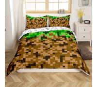 Miner Style Square Grid Duvet Cover Set Double Size,Brown Green Army Camo Bedding Set for Kids Boys Teens Men Room Decor,Cartoon Gamepad Reversible Comforter Cover Pixelated Games Quilt Cover 3Pcs