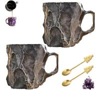 Mineral Crystal Coffee Mugs, Crystal Coffee Mugs with Coffee Spoon, Mineral Crystal Coffee Mug 400ml with Handle, Onyx Novelty Cute Mineral Coffee Mug, Crystal Mugs for Coffee & Milk &Tea gray 2pcs