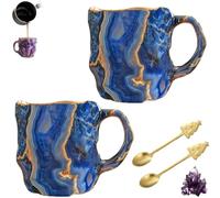 Mineral Crystal Coffee Mugs, Crystal Coffee Mugs with Coffee Spoon, Mineral Crystal Coffee Mug 400ml with Handle, Onyx Novelty Cute Mineral Coffee Mug, Crystal Mugs for Coffee & Milk &Tea blue 2pcs