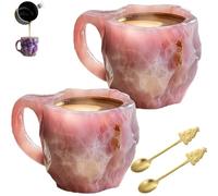 Mineral Crystal Coffee Mugs, Crystal Coffee Mugs with Coffee Spoon, Mineral Crystal Coffee Mug 400ml with Handle, Onyx Novelty Cute Mineral Coffee Mug, Crystal Mugs for Coffee & Milk &Tea pink 2pcs