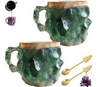 Mineral Crystal Coffee Mugs, Crystal Coffee Mugs with Coffee Spoon, Mineral Crystal Coffee Mug 400ml with Handle, Onyx Novelty Cute Mineral Coffee Mug, Crystal Mugs for Coffee & Milk &Tea green 2pcs