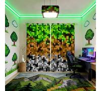 Miners Pixelated Games Window Curtain,Green Brown Grey Plaid Blackout Window Treatment,Kids Teens Adult Geometric Block Bedroom Curtains Modern Video Games Living Room Decor Top 2 Panels,38Wx45L