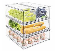 MineSign 4 Pack Stackable Refrigerator Organizer Bins with Pull-Out Drawers for Fruit and Veggies Storage, Clear Drawer Containers with Handle, Divided Organization for Produce Saver