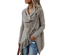 Minetom Women Autumn Winter Shawl Jumper Speckled Fringe Cardigan Fall Tassels Slash Hem Loose Sweater Poncho Brown UK 8