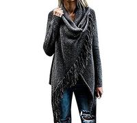 Minetom Women Autumn Winter Shawl Jumper Speckled Fringe Cardigan Fall Tassels Slash Hem Loose Sweater Poncho Black UK 10