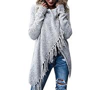Minetom Women Autumn Winter Shawl Jumper Speckled Fringe Cardigan Fall Tassels Slash Hem Loose Sweater Poncho Gray UK 18