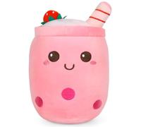 Mineup 25cm Bubble Tea Plush Pillow, Stuffed Milk Tea Cup Plushie With Strawberries, Shaped Hugging Cushion, Gift for Kids Girls Boys (Pink)