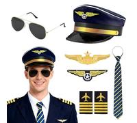 Mineup 7PCS Pilot Costume Accessories Set, Airline Pilot Captain Hat, Pilot Fancy Dress Kit with Captain Hat Armband Badge Sunglasses Tie Cosplay Outfit for Adults Teenager Cosplay Dress up Party