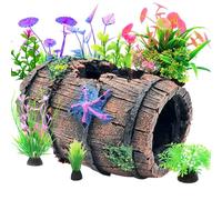 Mineup 9Pcs Fish Tank Decorations, Broken Barrel Cave Decor, Starfish Bucket Fish Tank Accessories, Starfish Barrel with 8 Aquarium Plants, for Betta Fish Hiding Landscaping Hole House Shelter
