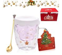 Mineup Christmas Glass Mug, Double Walled Christmas Tree Glass Mug, Christmass Tree Mugs with Lid, Spoon Greeting Cards, Christmass Funny Gifts for Women Men Kids Girls Her Best Friend, Pink