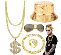 Mineup Hip Hop Costume kit, 80s 90s Hip Hop Fancy Dress Accessories with Hat Disco Gold Dollar Sign Necklace Bracelet Rings Sunglasses, Old Style Cool Rapper Outfits Carnival for Women Men Hippie