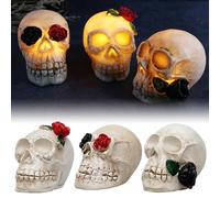 Mineup LED Skull Bone Realistic Replica, 3PCS Eyes Head Mouth Rose Flower Head Sculptures Aged Model for Gothic Halloween Party Mexican Day of the Dead Props Ornament Resin Skeleton Décor Figurine
