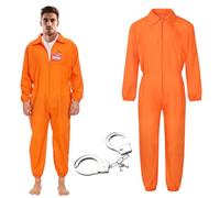 Mineup Prison Costume, Orange, Prisoner Costume, Men, Classic Prisoner Jumpsuit with Handcuffs, Convict Prisoner Costume, Carnival Cosplay, Costumes Adult Costume (165-180 cm)