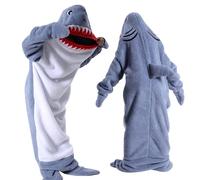 Mineup Shark Blanket Hoodie Onesie Adults, Soft Cozy Shark Blanket, Wearable Fleece Throw Flannel Shark Tail Hoodie, Oversized Shark Sleeping Bags, Halloween Xmas Cosplay Costume for Women Men 155-170