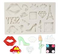 MINFEIDMS Eiffel Tower Silicone Moulds Lipstick Lips Fondant Moulds Dove Rose Diamond Heart Car Hat High Heels Mould for Cake Decoration Cupcake Topper Candy Chocolate Gum Paste Polymer Clay