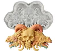 MINFEIDMS Goat Horn Skull Silicone Moulds Skeleton Head Fondant Moulds for Halloween Cake Decorating Cupcake Topper Chocolate Gum Paste Candy Polymer Clay