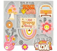 MINFEIDMS Groovy Boho Fondant Mould Groovy Hippie Silicone Moulds Daisy Mushroom Car Boho Rainbow Moulds Peace & Love for Sugar Cake Decorating Cupcake Topper Chocolate Candy Gum Paste Polymer Clay