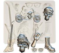 MINFEIDMS Hip Hop Rock Silicone Mould Motorcycle Fondant Moulds Pirate Skull Guitar Glasses Boots Mould for Cake Decoration Cupcake Topper Chocolate Candy Gum Paste Polymer Clay