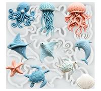MINFEIDMS Marine Theme Fondant Mould Jellyfish Sea Turtle Silicone Moulds | Starfish Coral Octopus Seashell Dolphin Chocolate Mould Ocean Theme Cake Decorating Cupcake Topper Resin Candy Polymer Clay