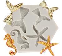 MINFEIDMS Mermaid Theme Cake Fondant Mould Seahorse Starfish Mermaid Tail Silicone Mould for Cake Decoration Cupcake Topper Candy Chocolate Gum Paste Polymer Clay