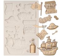 MINFEIDMS Pirate Silicone Moulds Treasure Chest Pirate Ship Chocolate Fondant Mould Pirate Flag Card Moulds for Cake Decorating Cupcake Topper Candy Chocolate Polymer Clay Gum Paste