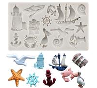 MINFEIDMS Sailing Anchor Rudder Fondant Moulds Seagull Sailing Boat Silicone Mould Lighthouse Crab Starfish Conch Mould for Sugar Cake Decorating Cupcake Topper Chocolate Gum Paste Candy Polymer Clay