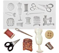 MINFEIDMS Sewing Tools Silicone Moulds Scissors Button Sewing Designer Clothes Fondant Moulds Sewing Machine Mould for Cake Decorating Cupcake Topper Chocolate Candy Gum Paste Polymer Clay