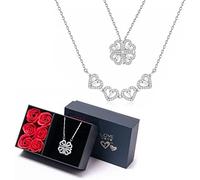 MING ZHEN Lucky Heart Sterling Silver Necklace with Six Roses Gift Box, Four Leaf Clover Clavicle Chain Crystal Love Heart Jewelry