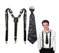 MINGBOLIN Sequin Braces Set,Glitter Sequin Zipper Tie Men'S And Women'S Sequin Suspenders Adjustable Pre-Tied Necktie Disco Costume 70s Sequins Accessories,for Disco Carnival Party Jazz Shows (Black)