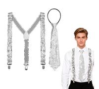MINGBOLIN Sequin Braces Set,Glitter Sequin Zipper Tie Men'S And Women'S Sequin Suspenders Adjustable Pre-Tied Necktie Disco Costume 70s Sequins Accessories,for Disco Carnival Party Jazz Shows (Silver)