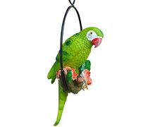 Mingchengheng Hanging Bird Perch Statue - Resin Parrot Statues For Outside, Bird Sculpture On Iron Ring For Patio Lawn Home Garden Tree Decoration, Hanging Animal Ornament For Yard Green Hanging Bird