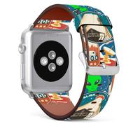 Mingdao Compatible with Apple Watch Series 9 8 7 6 5 4 3 2 1 SE Uitra, 42mm 44mm 45mm 49mm Patterned Leather Band Replacement Strap, Alien 8001