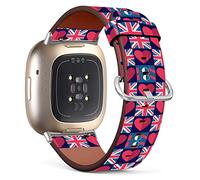 Mingdao Compatible with Fitbit Sense 2 / Sense / Versa 4 / Versa 3 Patterned Leather Replacement Band (London Pattern With Hearts And Union Jack Flag)