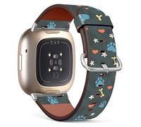 Mingdao Compatible with Fitbit Sense 2 / Sense/Versa 4 / Versa 3 Patterned Leather Replacement Band (Love Hearts And Dogs Paw Prints)