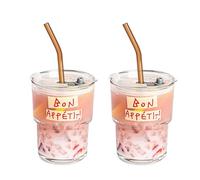 MINGHYZYA 13oz Glass Tumbler with Straw and Lid, Iced Coffee Cups, Reusable Glass Cups with Lid for Smoothies, Drinkings (A-Bon Appétit-2pack)