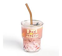 MINGHYZYA 13oz Glass Tumbler with Straw and Lid Sealed, Carry On Reusable Iced Coffee Cups,Thicken Glass Iced Coffee Cups, Drinking Glassware Cups for Smoothies,Cold Drinking (A-Bon Appétit)