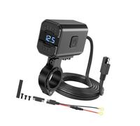 MINGLEA Motorcycle Charging Socket with Type C and USB A Two Port Design, Blue Battery Readout, 12 22 mm Handlebar Bracket and Metal Housing for Daily Travel