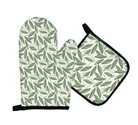 Mingnei Spring Sage Green Leaves Oven Mitts and Pot Holders Sets, Summer Plant Heat Resistant Potholder Kitchen Decor for Cooking Baking BBQ Grilling, Plant Leaf Oven Glove Set, Spring Botanical Gift
