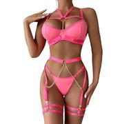 Mingnos Garter Lingerie for Women Sexy 6 Piece Strappy Lingerie Set, Underwire Push Up Bra with Garter Belt and Chain (Pink, M)