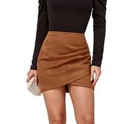 Mingnos Womens High Wasited Zipper Closure Ruched Cross Irregular Faux Suede Mini Skirt, Khaki, L