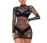 Mingnos Women's Lingerie Fishnet Bodycon Mini Dress Glitter Rhinestone Rave Outfit Mesh Sexy Transparent Dance Wear Party Dress, black, One Size