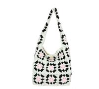 MingNov Hand-Crocheted Granny Square Cotton Shoulder Bag for Women - Boho Retro Tote Purse, Soft Eco-Friendly Yarn, Summer Casual Handmade Bag (White/Yellow/Beige)