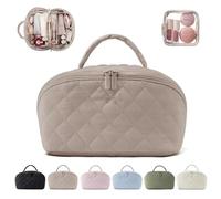 MINGRI Petition Makeup Bag for Travel,Women Cosmetic Bag Quilted Puffer Large Capacity 2Pcs Toiletry Bag Spacious 180°Open Valentine's Day Gift for Toiletries & Brushes with Compartments, khaki